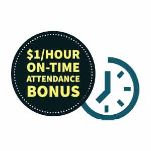 Get an extra $1 per hour each pay period if you are on-time every shift with perfect attendance.  