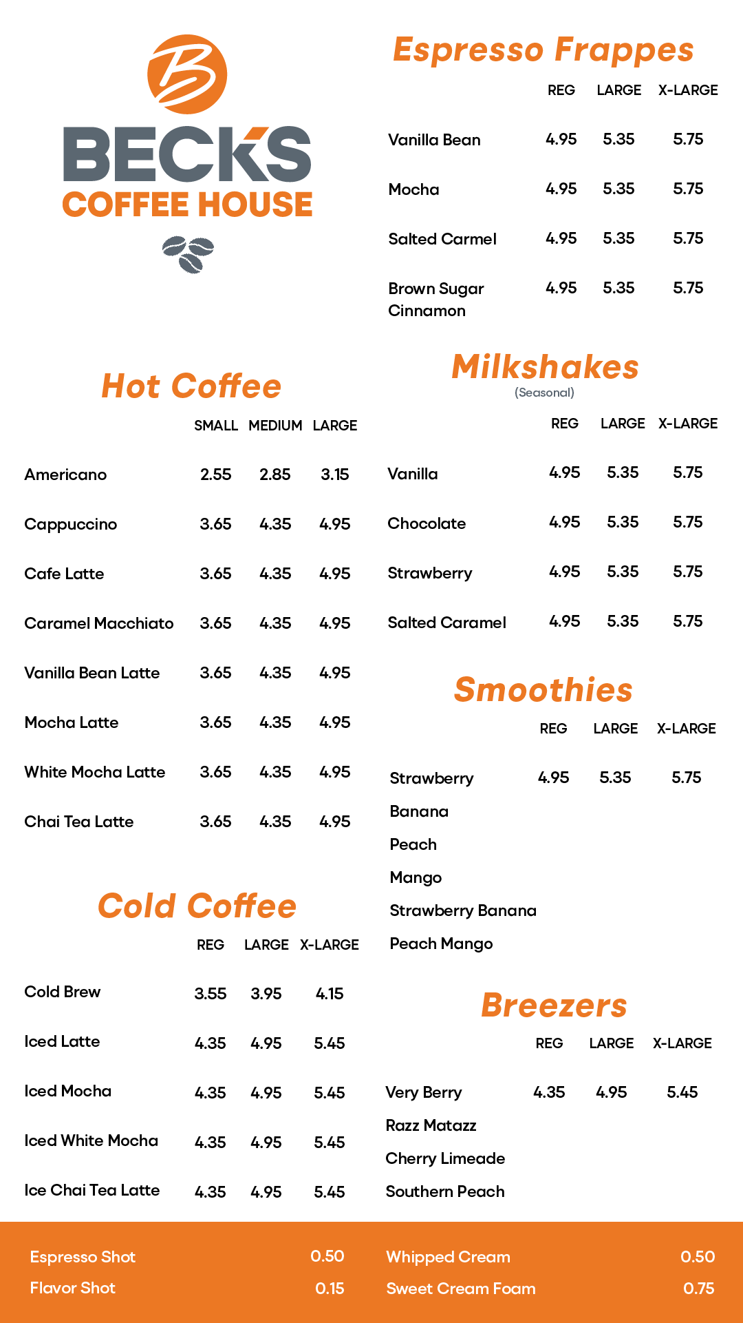 Coffee House Menu for Mendota, Washington and Princeton Stores