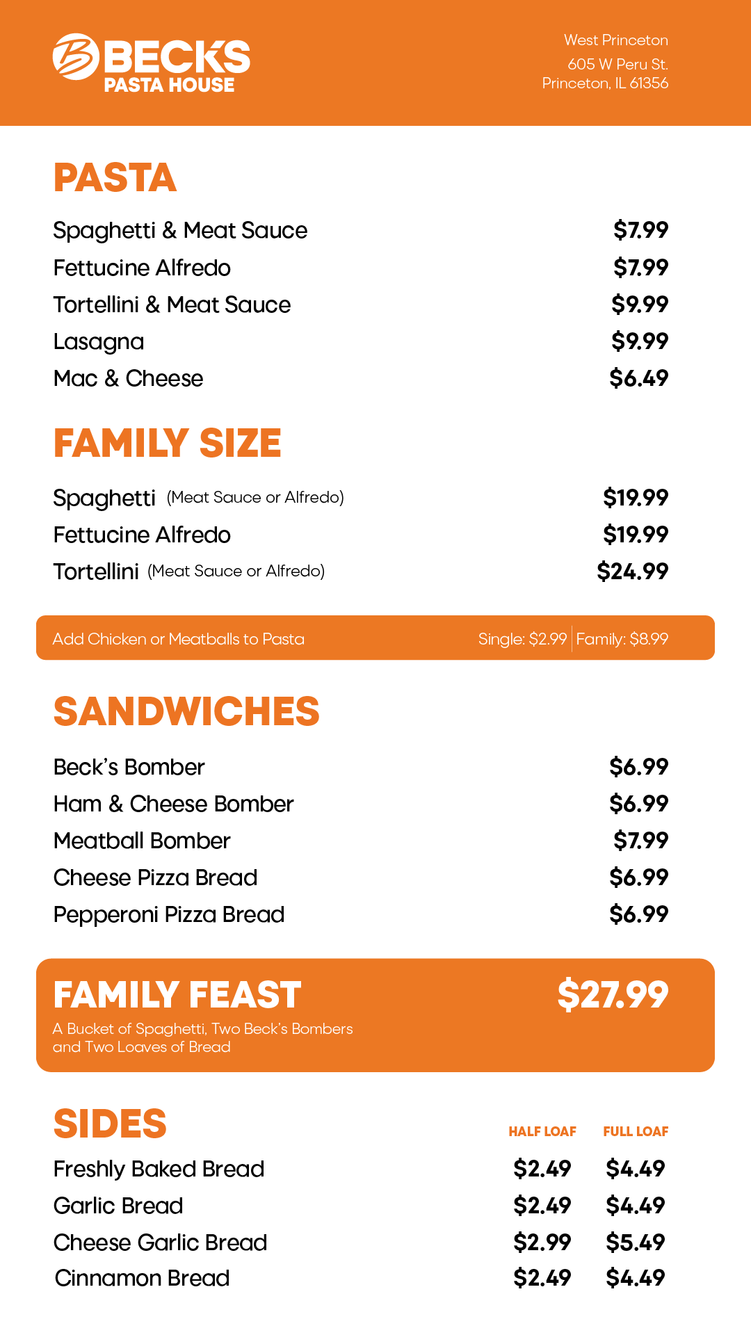 Pasta and Pizza Bread Menu